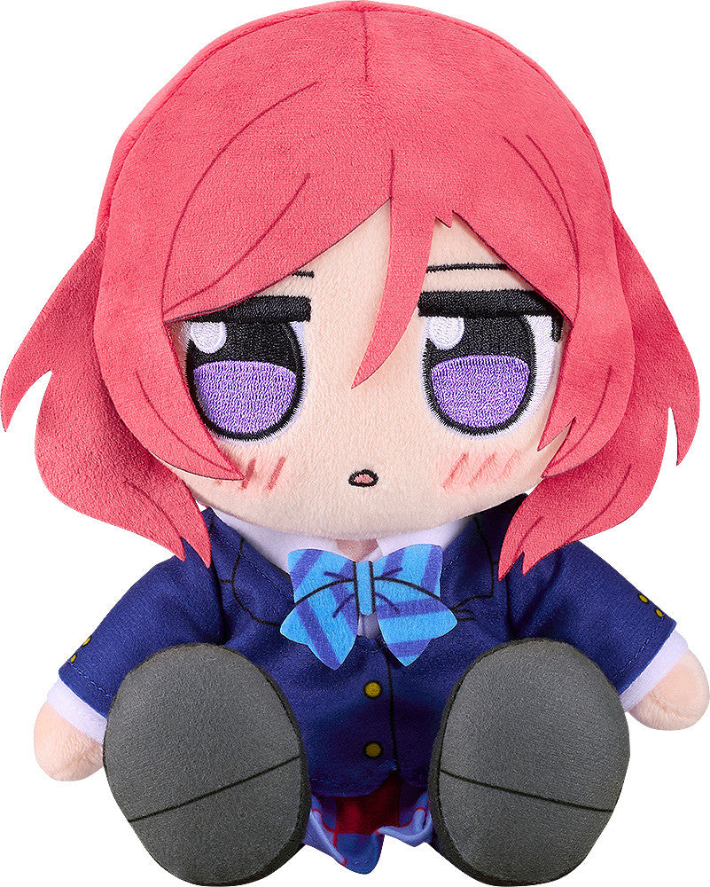 A Good Smile Company LoveLive! Kuripan Maki Nishikino plushie displays pink hair, purple eyes, blush marks, and a navy blue uniform with a blue striped bow tie, sitting on a white background