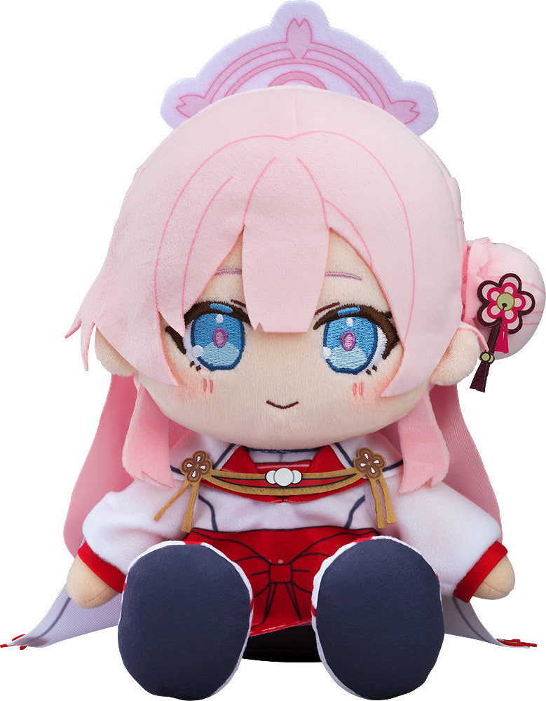 Yae Miko Genshin Impact plush, pink hair, blue eyes, white and red outfit, sitting