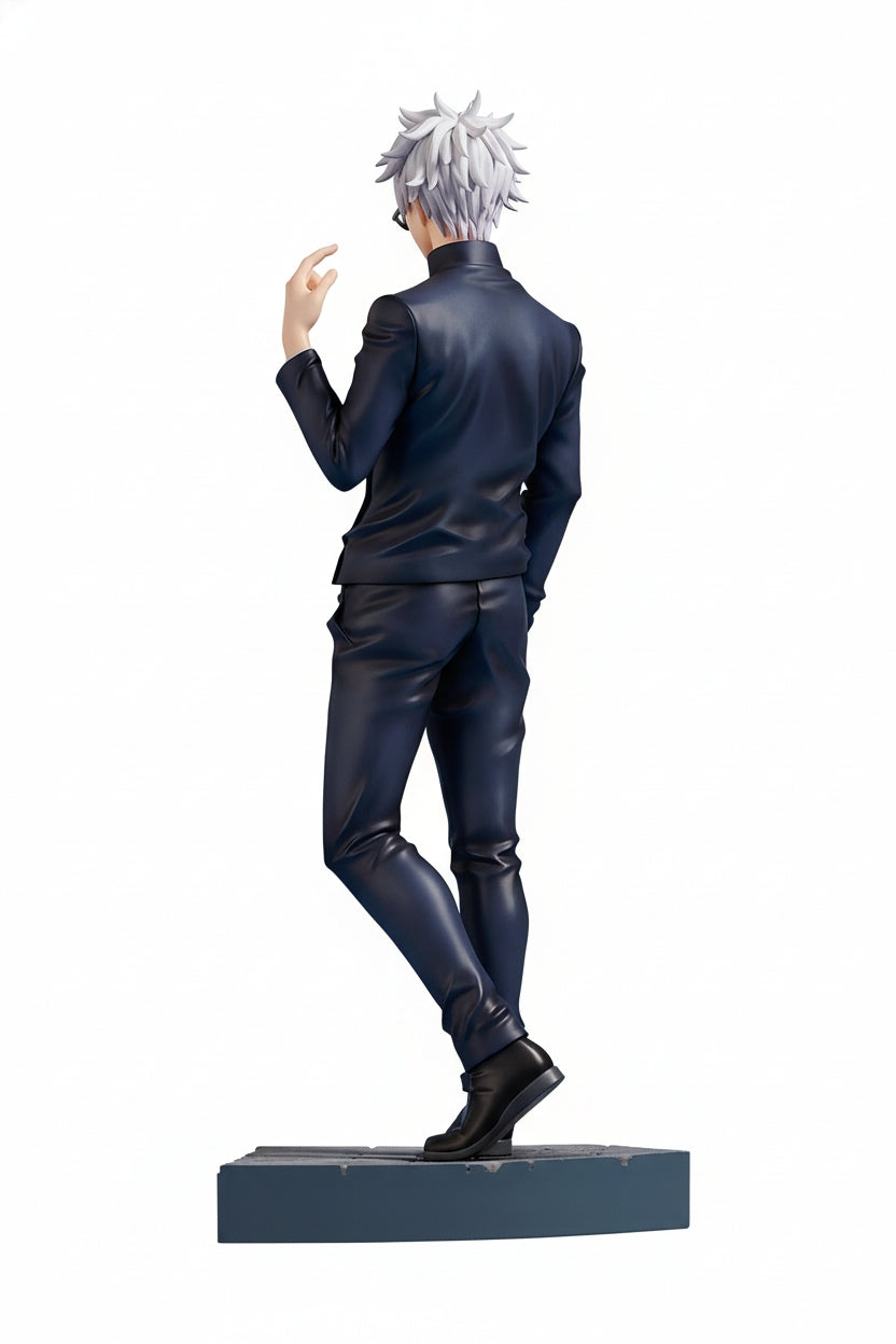 A male anime figure, seen from behind, with spiky white hair, glasses, wearing a dark blue suit, and one hand slightly raised, standing on a grey base