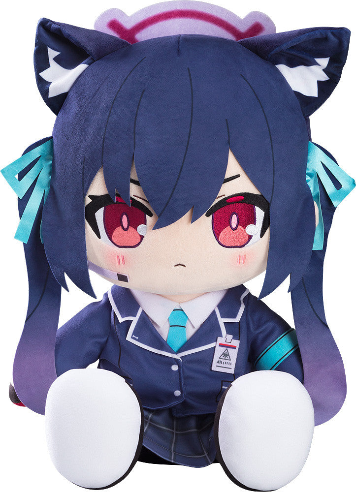 Dark blue plush toy with cat ears, large red eyes, wearing a school uniform, sitting
