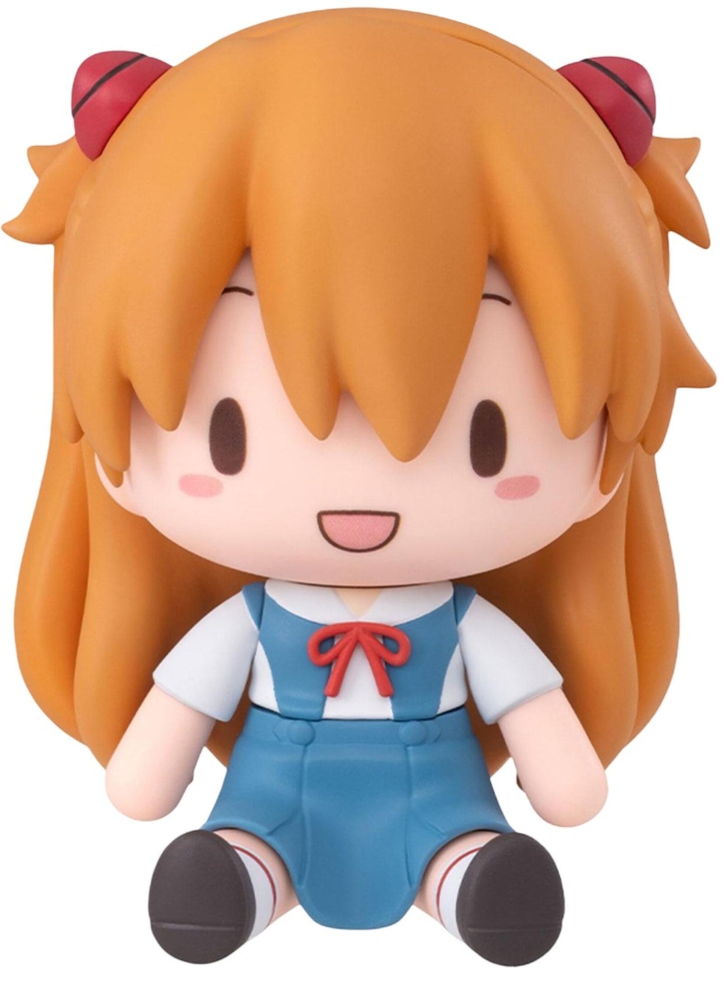 Chibi Asuka figure, orange hair & red clips, blue uniform, sitting and smiling