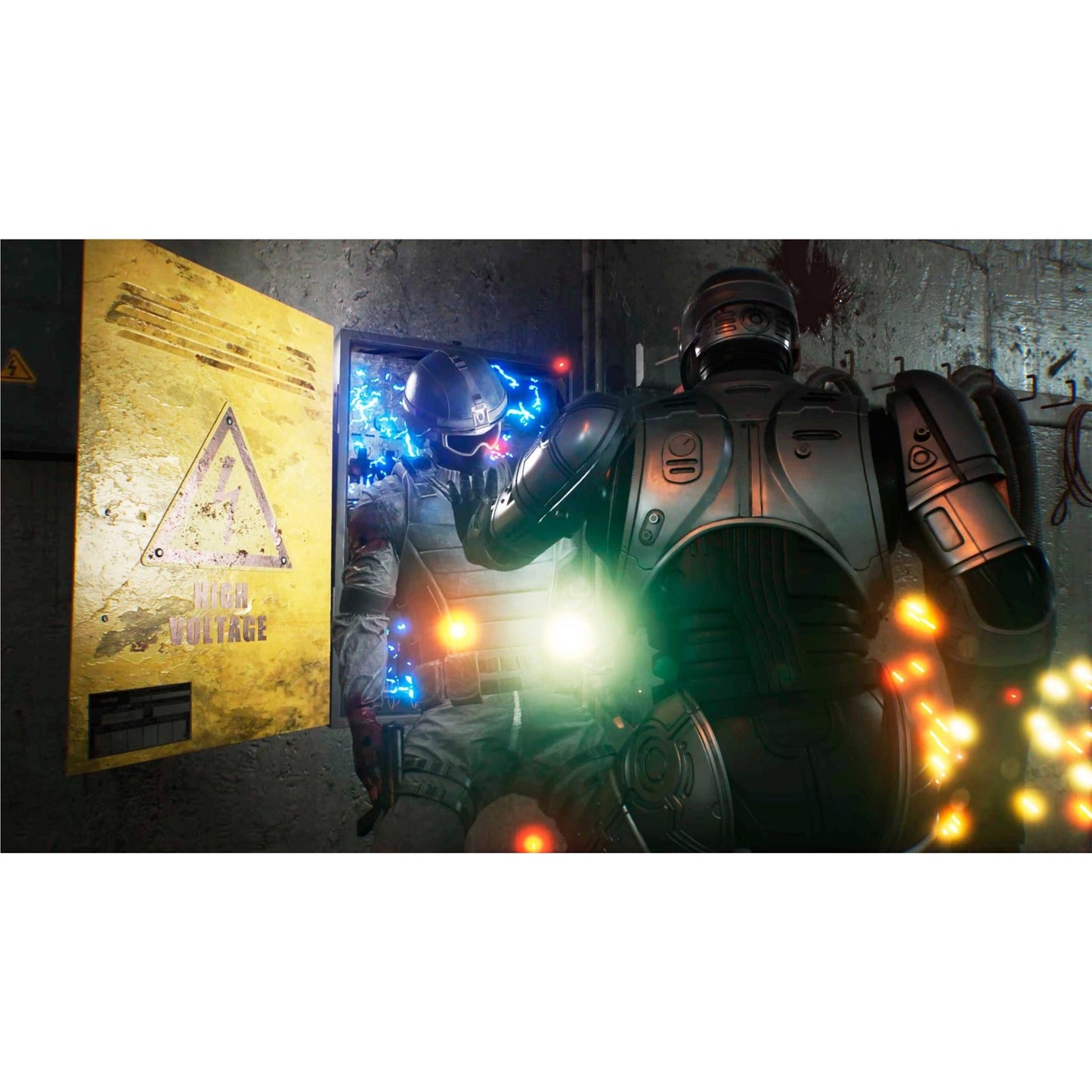 RoboCop fights near a breached "High Voltage" panel, which is bursting with blue electrical arcs and flashes