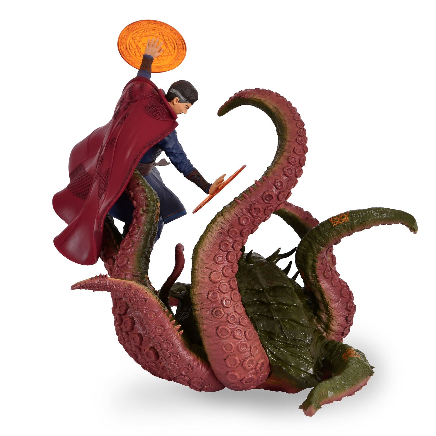 Side view Doctor Strange casting spell with glowing mandalas, facing Gargantos alien in Beast Kingdom D-Stage Doctor Strange in the Multiverse of Madness Figurine