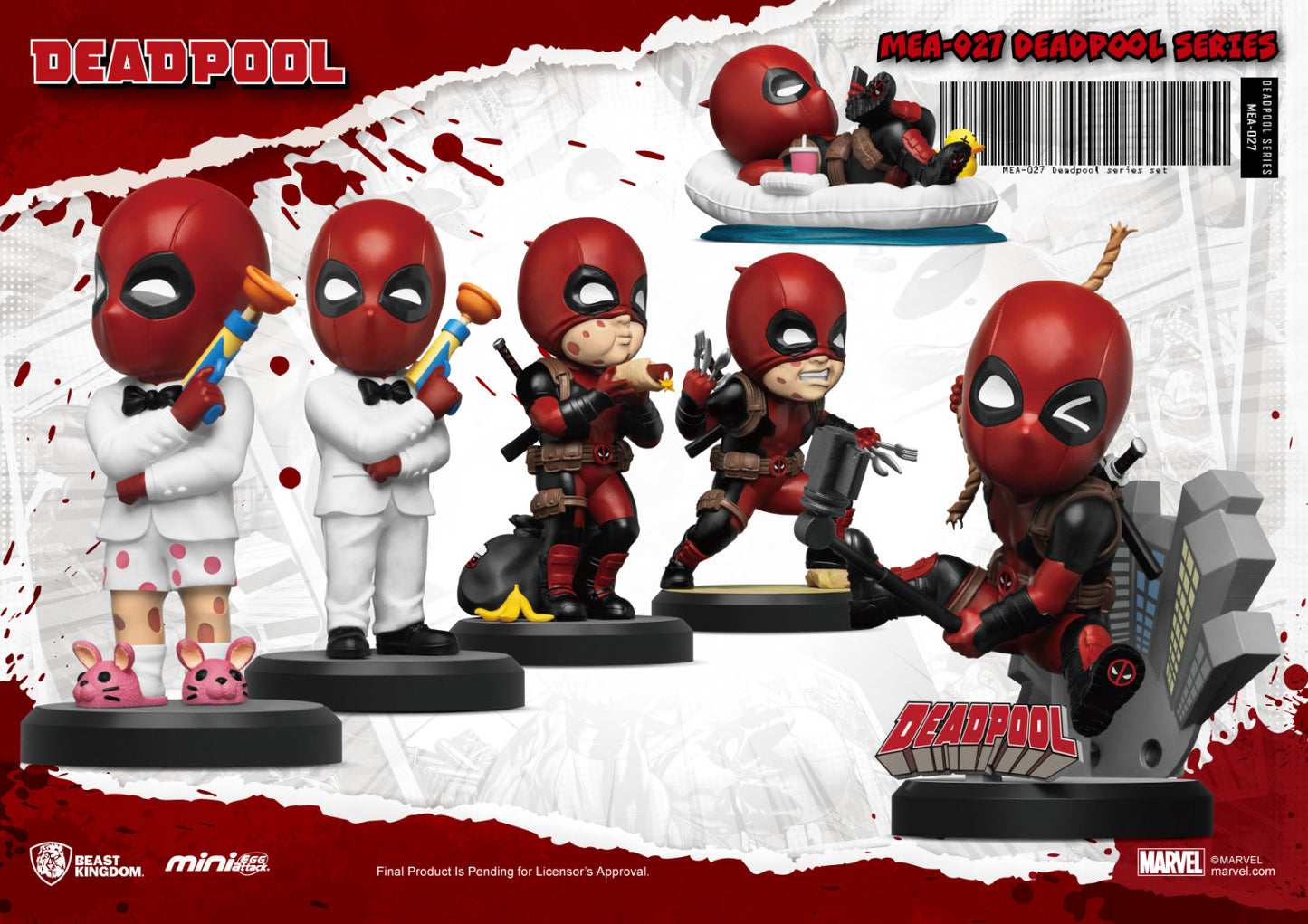 A Beast Kingdom Mini Egg Attack Deadpool Series Mini-Figure Set showing six figures, including Deadpool in a suit and pajamas, holding plungers, eating, fighting, floating, and with a bomb
