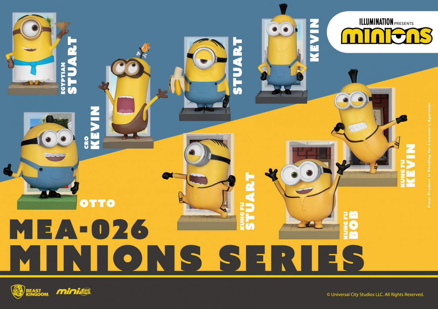 Eight minion mini-figures in various costumes including Egyptian, Cro, and Kung Fu themes are presented against a blue and yellow background with window frames