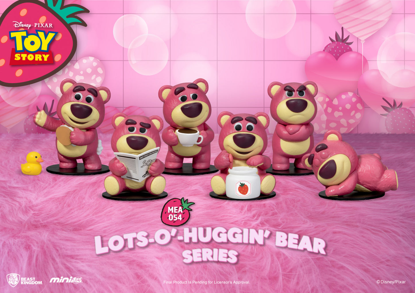 Six pink Lotso bear figurines from the Lots-o'-Huggin' Bear series, in various poses with a small yellow duck, on a pink fluffy background with hearts and strawberries