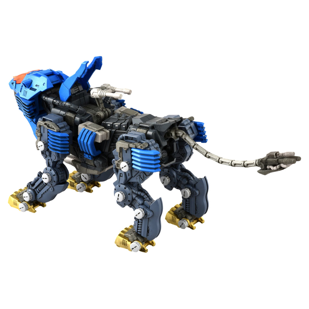 A fully assembled Zoids Realize Model RMZ-13 Shield Liger Van Ver mechanical lion shown from the rear three-quarter angle on a white field