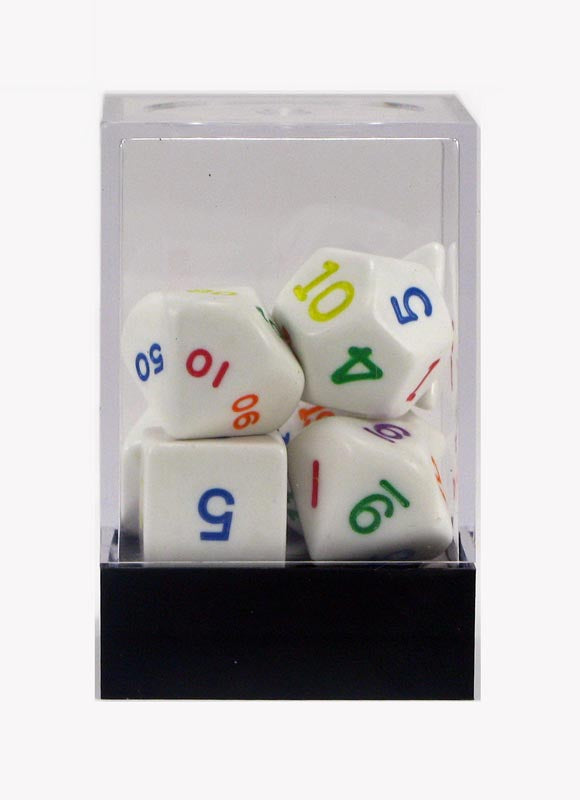White polyhedral dice with colourful numbers, packaged in a clear plastic case with a black base