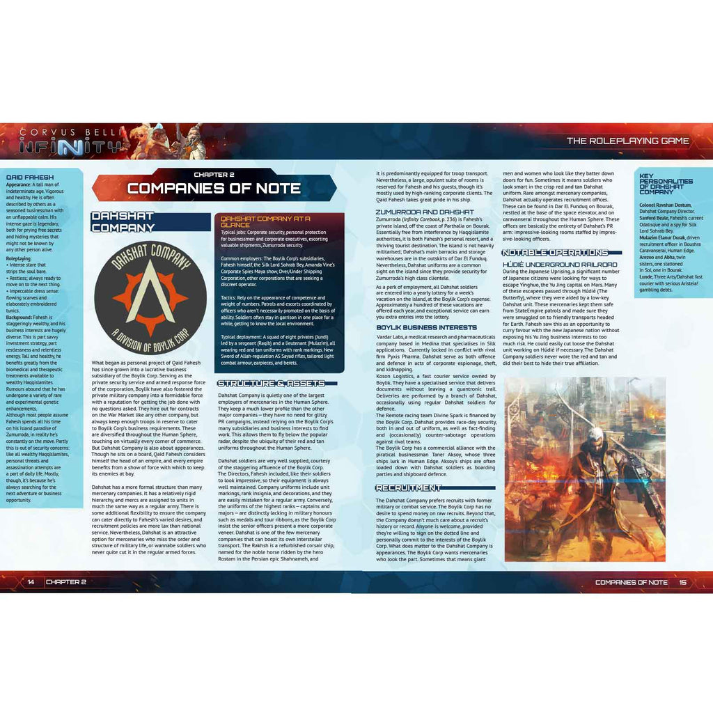 Sci-fi game manual page: text, Dahshat Company logo, and a detailed illustration of an armored futuristic soldier with a rifle