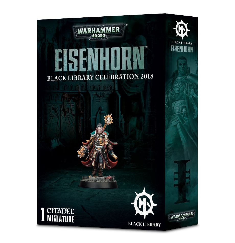A dark box containing an Eisenhorn miniature, depicting a detailed figure of a man in a long coat holding a staff and a gun, with a character illustration on the side