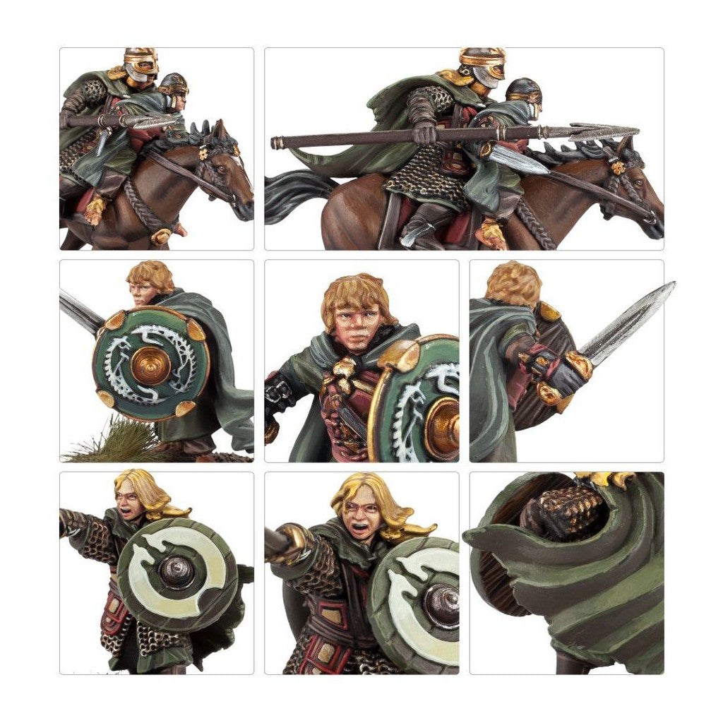 Close-up grid of detailed fantasy wargaming miniatures: mounted warriors and infantry figures with swords and shields