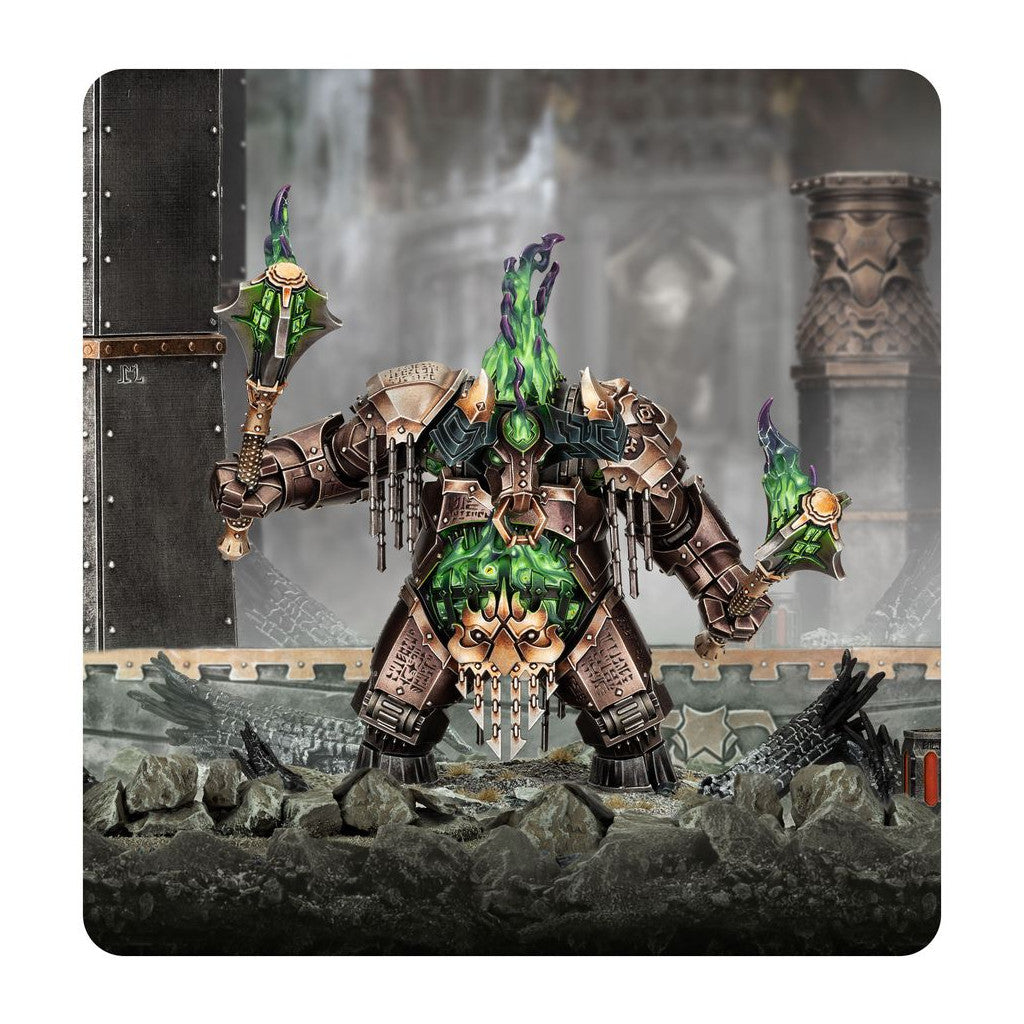 Massive Dominator Engine miniature painted in rusted bronze armor with a bright green soul core, holding two spiked energy weapons
