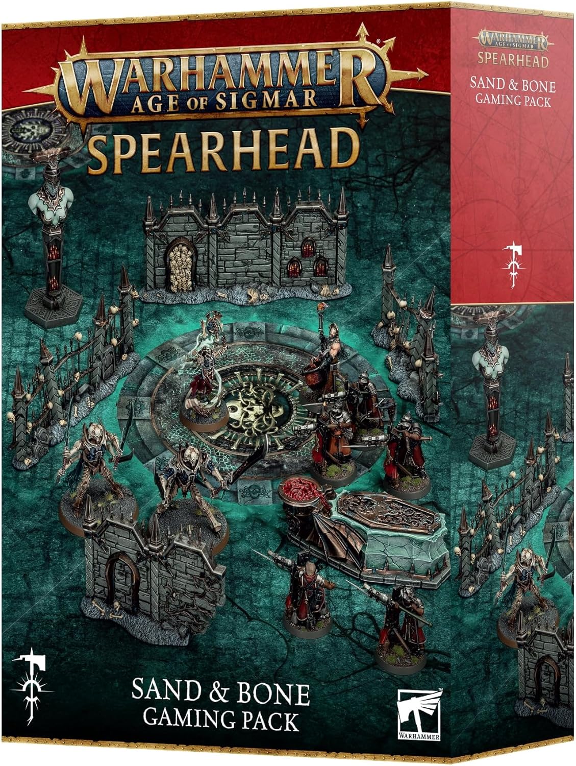 Warhammer Age of Sigmar Spearhead: Sand & Bone box art showing undead miniatures and modular cemetery terrain