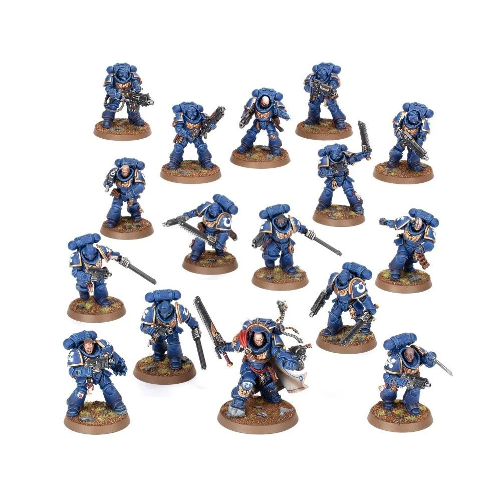 A detailed collection of fourteen blue Space Marines Iron Halo Strike Force miniatures standing on brown bases against a white background