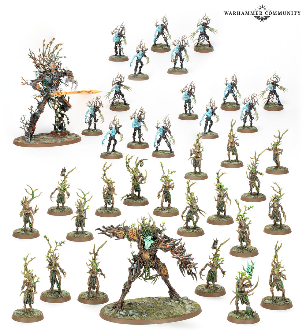 A massive Sylvaneth Outcast Spitegrove collection displaying dozens of painted tree-kin miniatures two large treelords and numerous smaller dryads and spite
