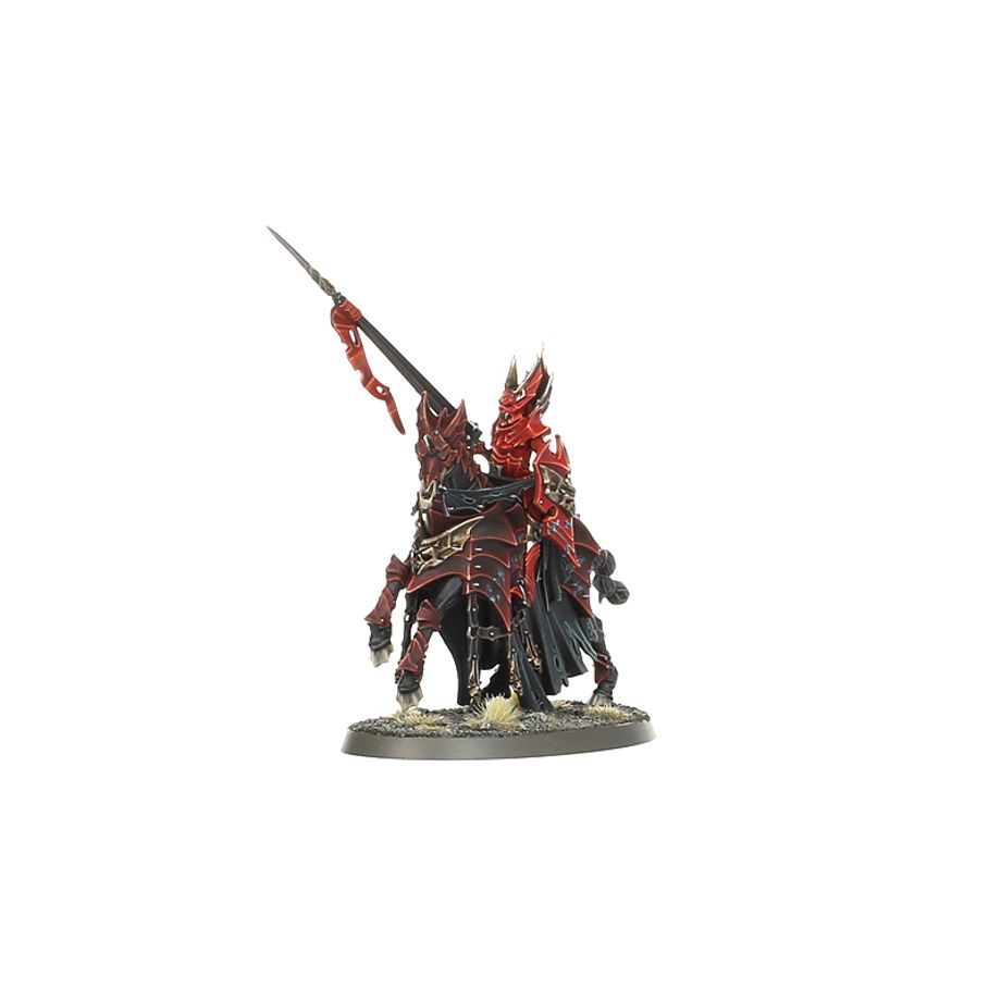 Soulblight Gravelords Lances of the Crimson Keep single miniature depicting a mounted vampire knight in detailed red and black armor charging with an elevated lance