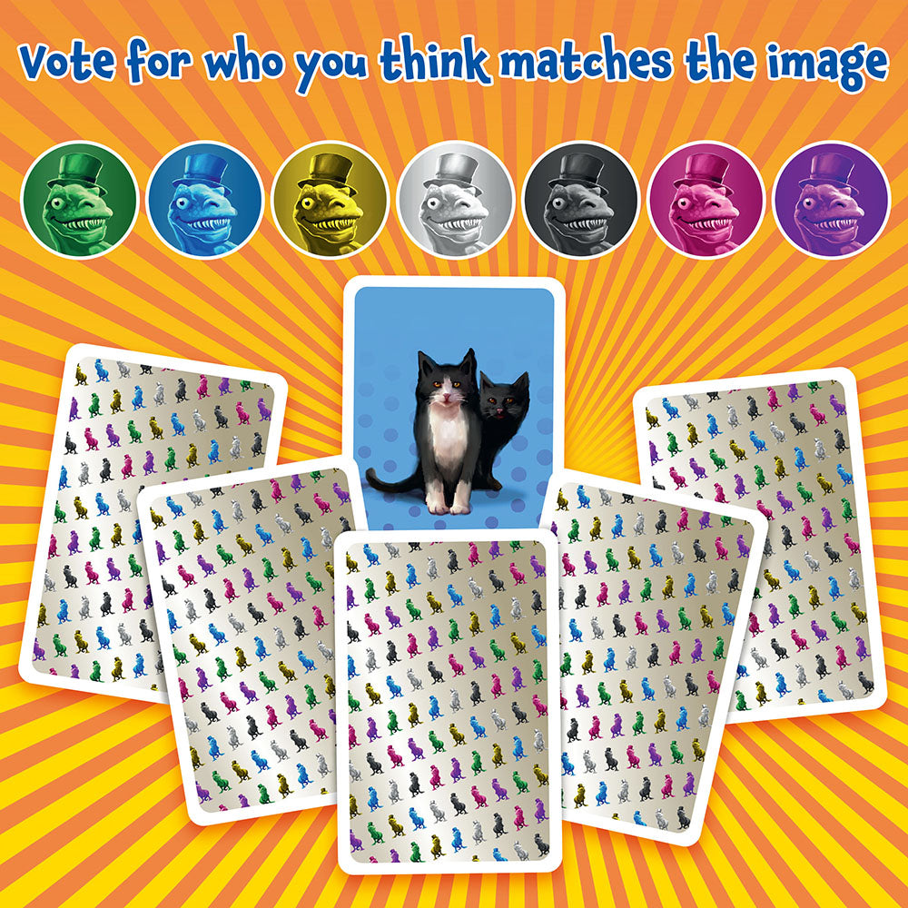 One of Us game image featuring a central card with two cats, surrounded by game cards with small colorful monsters, and seven large monster portraits above