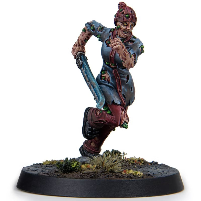 Painted miniature of a running, diseased mutant in a beanie, holding a blue machete
