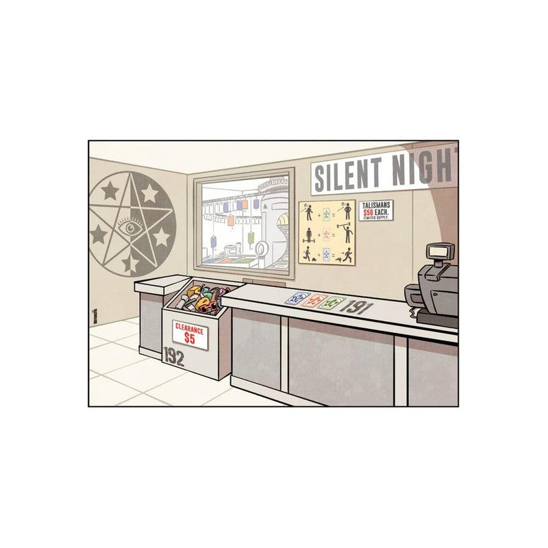 A store counter with a "Silent Night" sign, "TALISMANS" for sale, a clearance bin and a pentagram eye symbol is on the wall