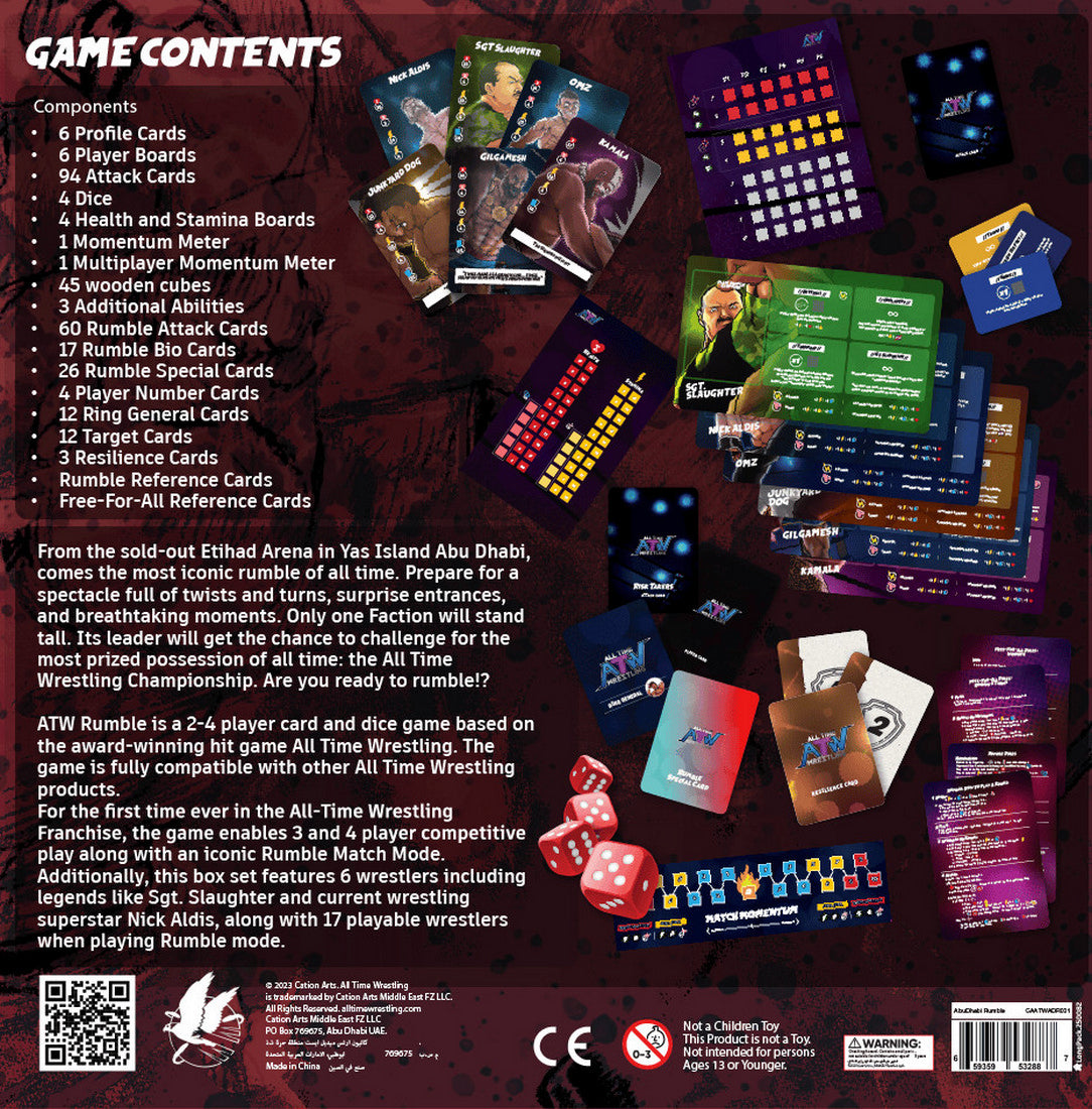 ATW Rumble wrestling game components: character cards (Sgt. Slaughter), red dice, and player boards displayed