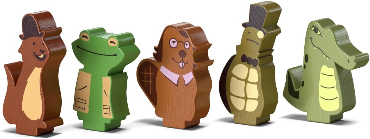 Five colorful wooden animal game tokens: squirrel, frog, beaver, turtle, and alligator