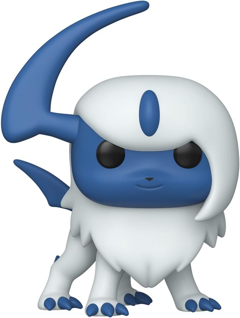 White and blue Funko Pop figure of the Pokémon Absol, standing with its iconic curved horn