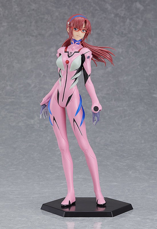 Anime figurine of Mari Illustrious Makinami in a pink plugsuit, with red glasses and flowing red hair
