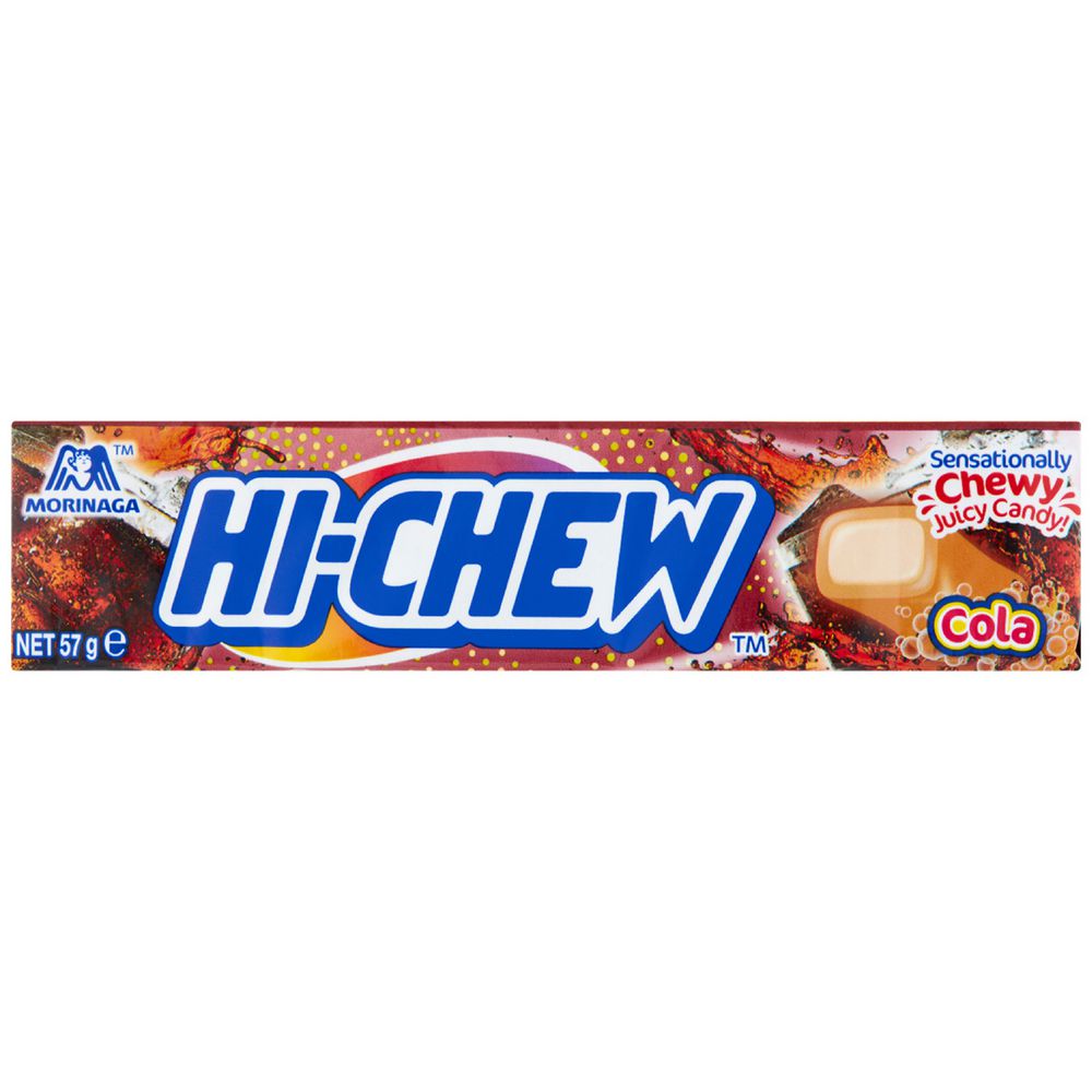 Hi-Chew Cola flavor candy wrapper, showing the logo and a single piece of the chewy candy
