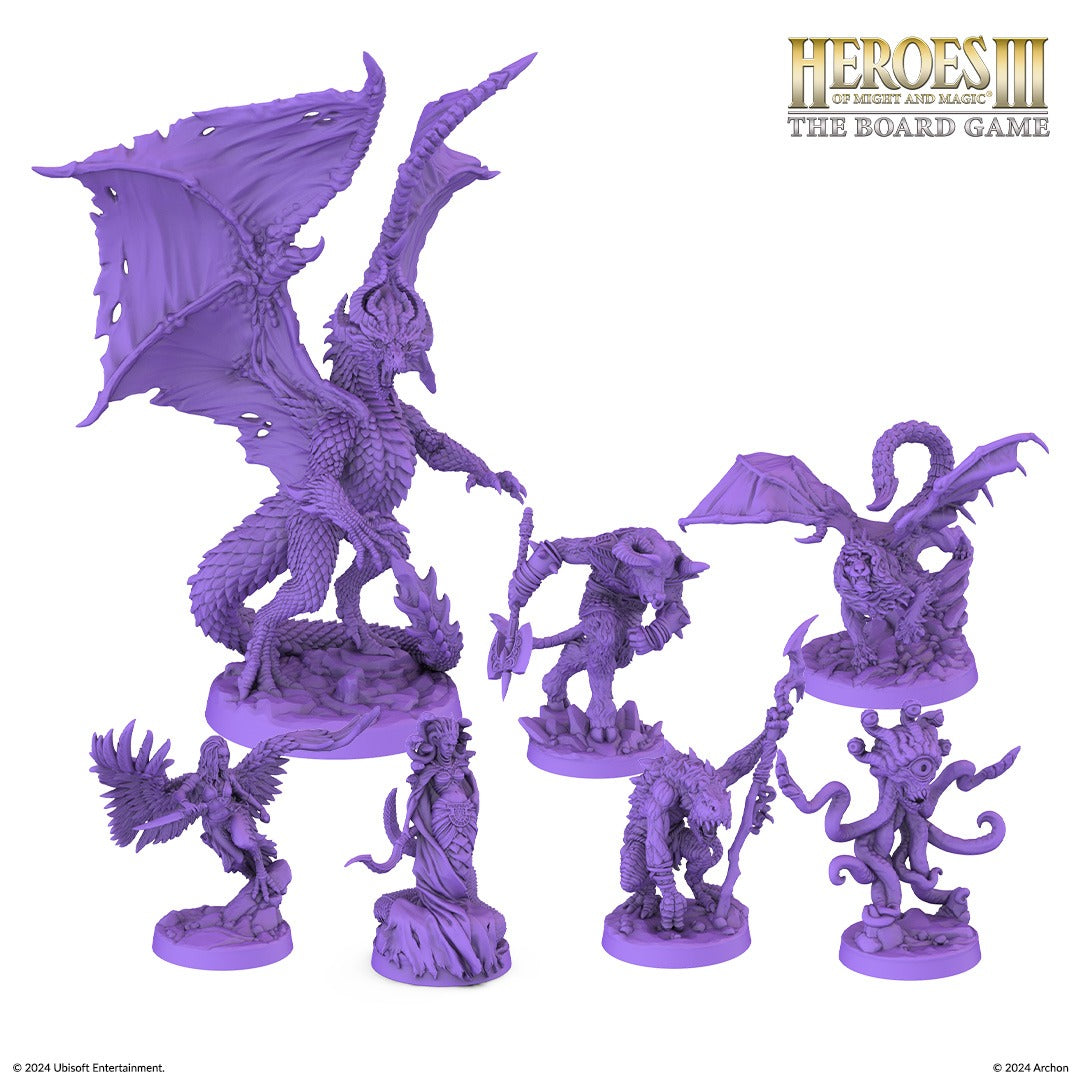 Six monochromatic purple miniature stretch goal units for Heroes of Might and Magic III featuring a huge detailed dragon, a minotaur, and five smaller creatures