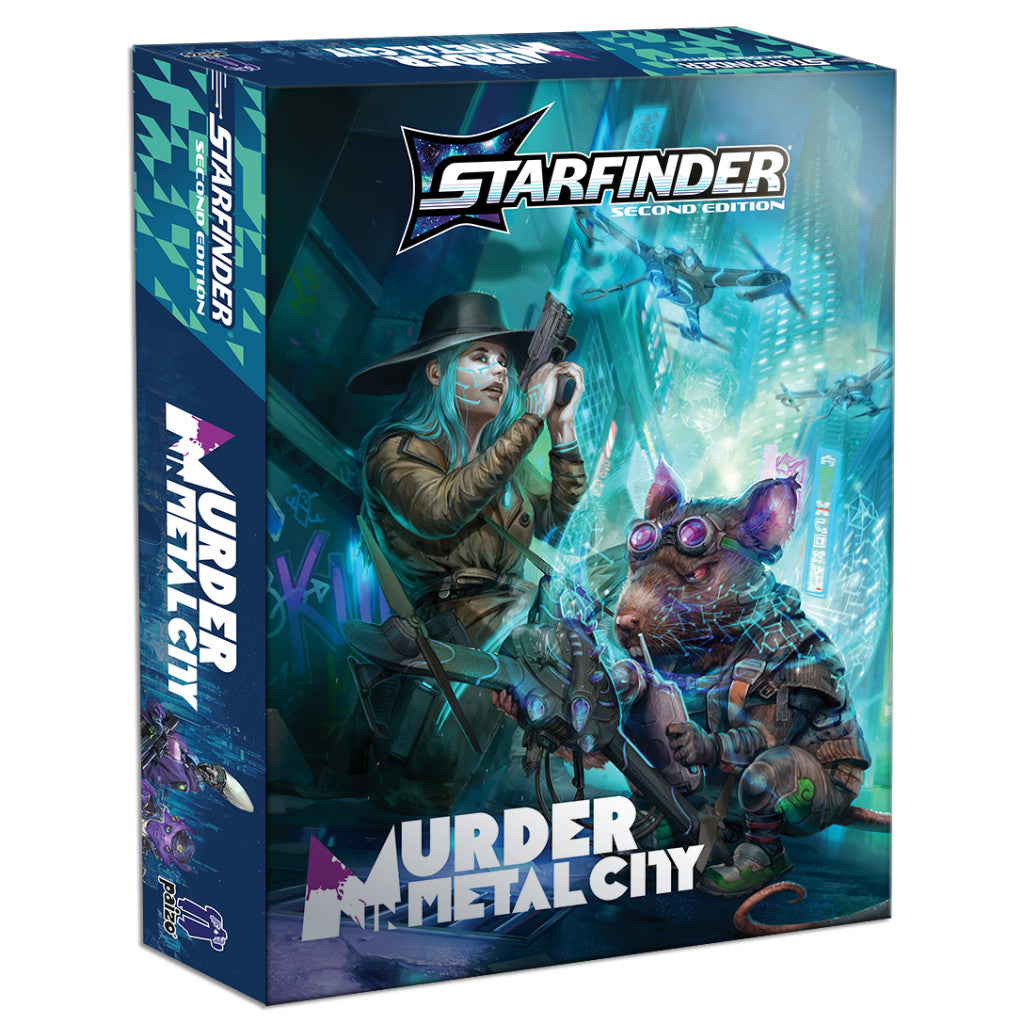 Starfinder Second Edition: Murder in Metal City box showing a woman and an armored ratfolk character with weapons in a neon cyberpunk setting