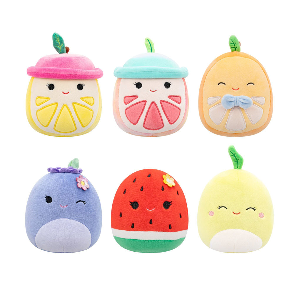 Six smiling fruit plush toys: lemon, grapefruit, orange (with drink tops), blueberry, watermelon, and a yellow fruit
