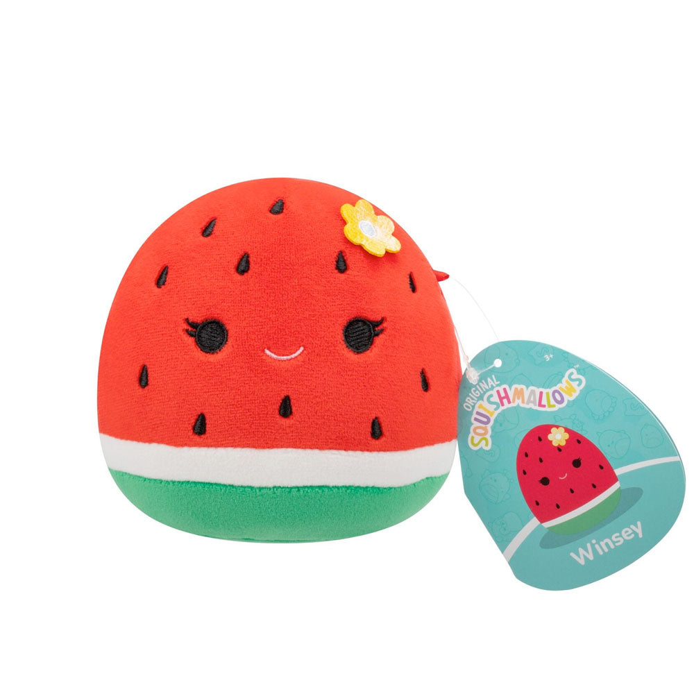 Smiling red and green watermelon plush toy with black seeds, a yellow flower, and a 'Squishmallows Winsey' tag