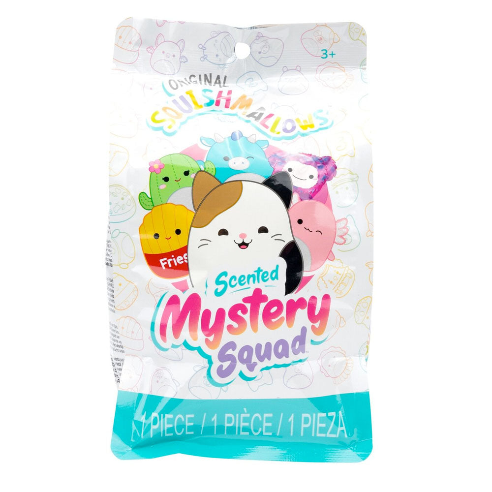 A sealed Squishmallows Scented Mystery Squad blind bag featuring a calico cat, fries, and other plush toy characters