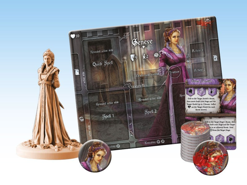Unpainted female miniature, "Geneve" character board with a woman in a purple dress, game cards and tokens