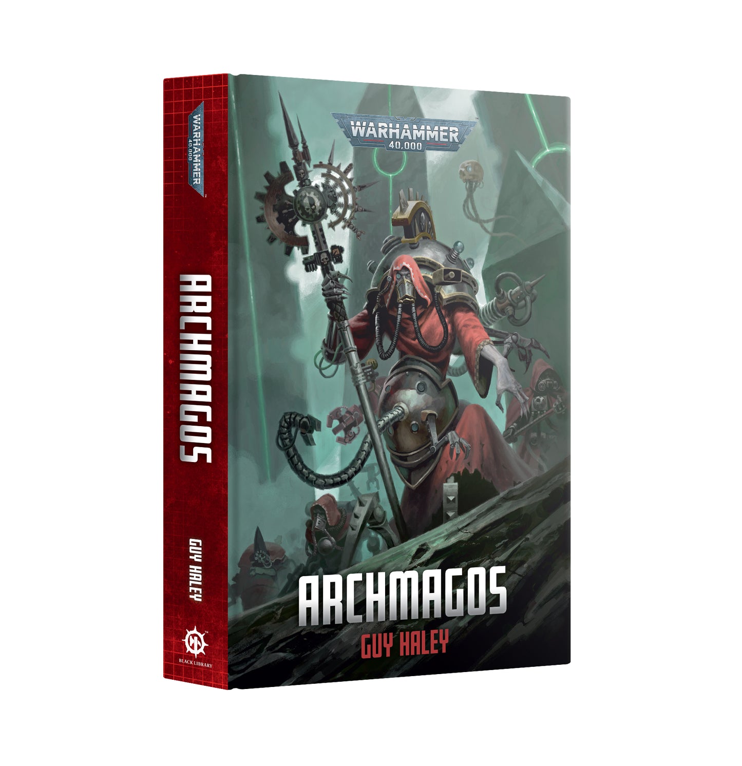 Archmagos novel cover: A heavily augmented Warhammer 40K Tech-Priest in red robes holds a massive mechanical staff