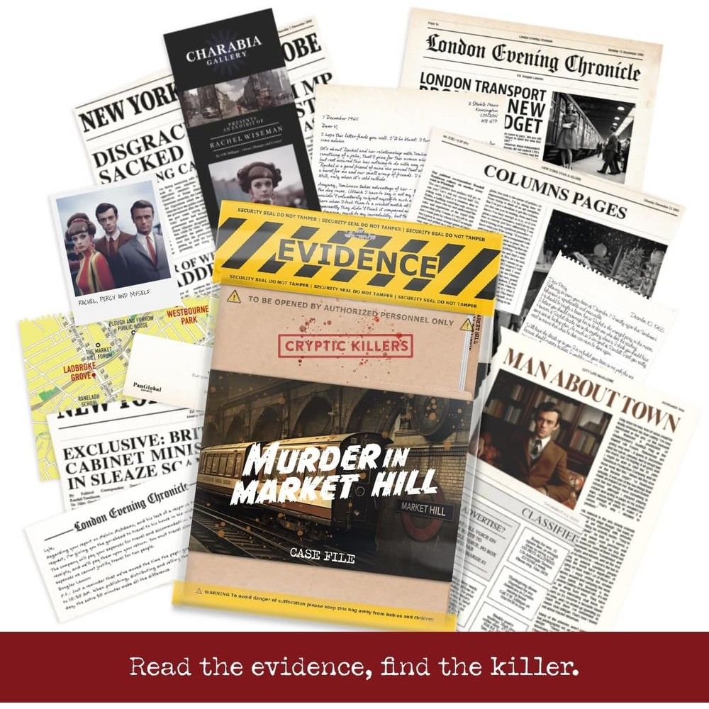 Murder mystery game case file and evidence surrounded by vintage newspaper clippings, photos, and documents