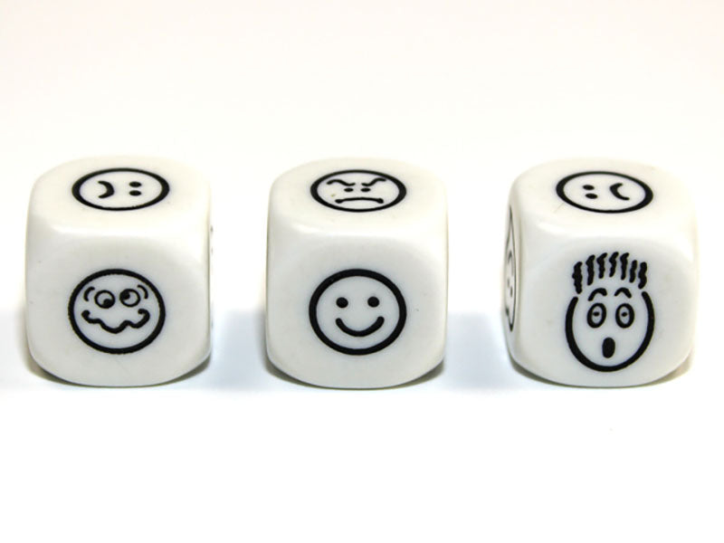 Three white 6 sided dice with black Smiley Faces showing on a white background