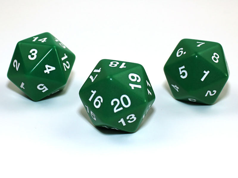Three green 20 sided dice with white 1 20 numbers showing on a white background