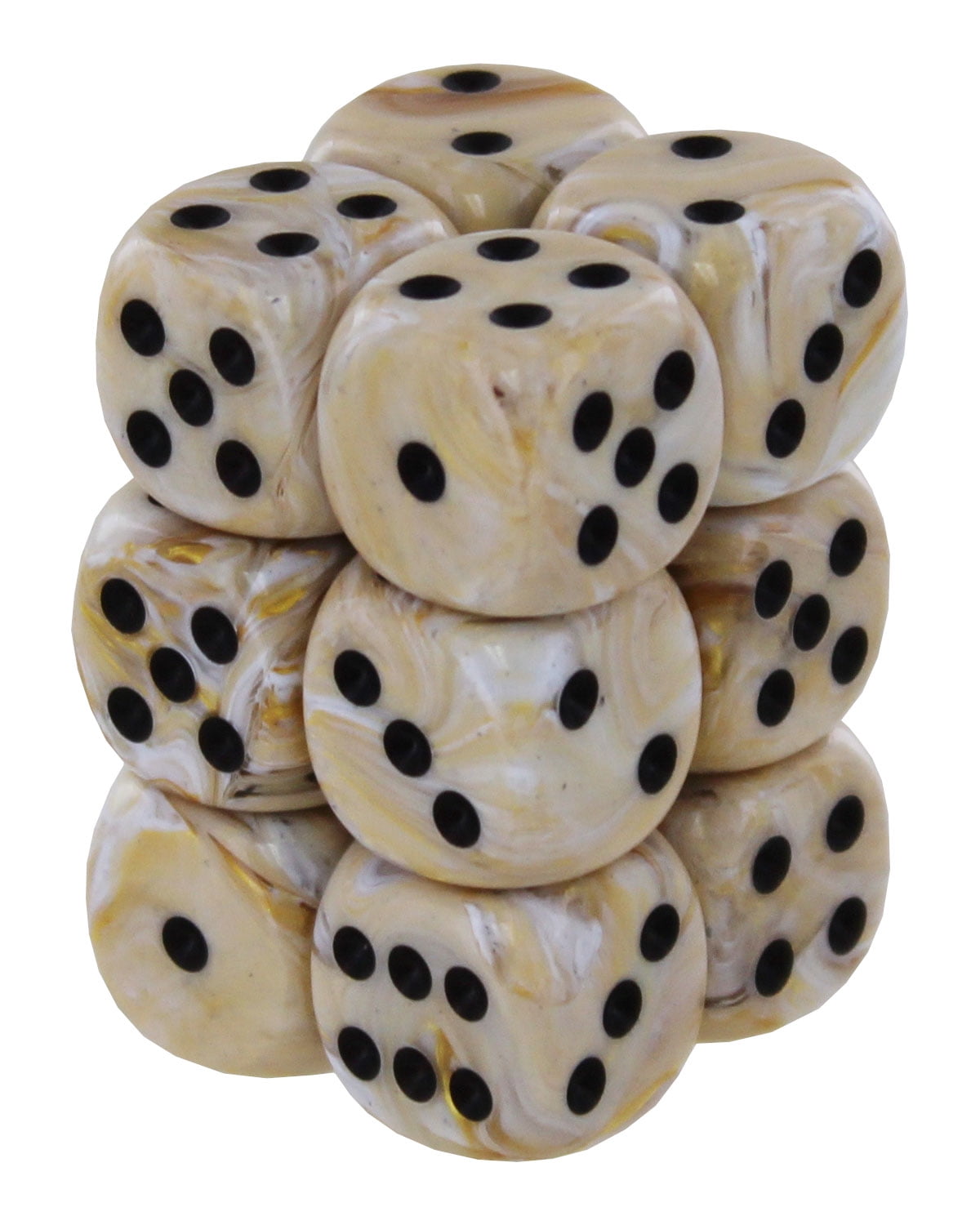 A solid block comprised of twelve 16mm six-sided dice featuring a swirling ivory and gold marble pattern contrasted by recessed black spots