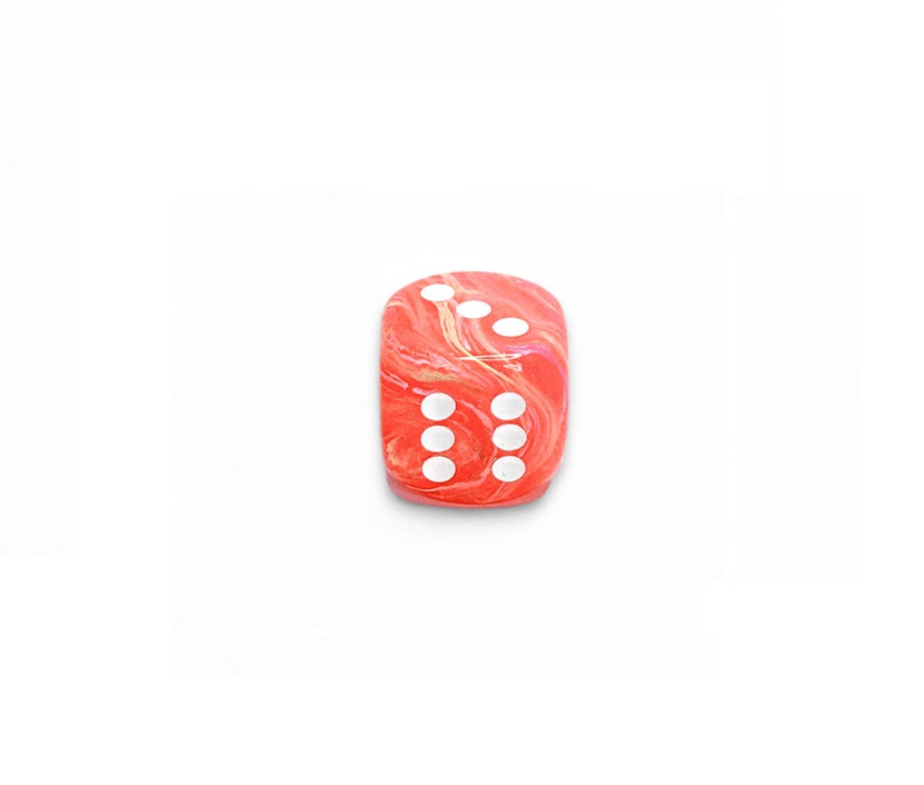 Dahlia and White Luminary die showing 3 and 6 faces with white pips visible, on a white background