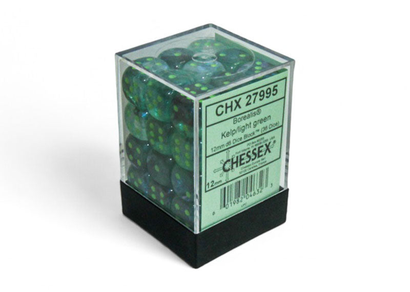 Block of 36 Chessex Borealis Kelp/light green luminary 12mm d6 dice in a clear plastic case with a label
