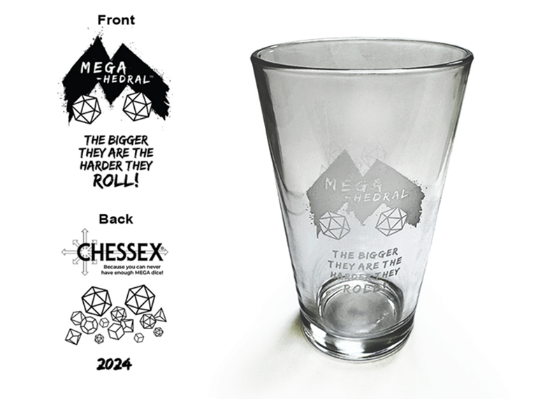 Mega-Hedral Limited Edition Pint glass full mock-up of front & back dice-themed designs visible