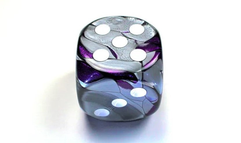 Purple Steel and White die showing 5 and 3 faces with white pips visible, on a white background
