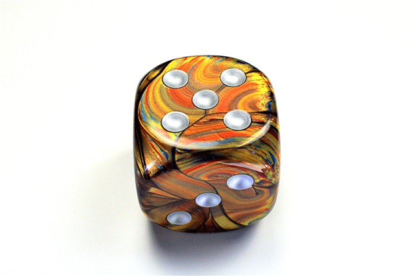 Gold and Silver die showing 5 and 3 faces with silver pips visible, on a white background