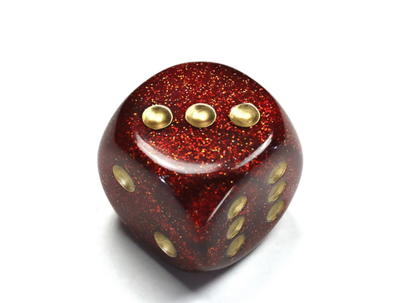 Ruby and Gold die showing 2, 3 and 6 faces with gold pips visible, on a white background