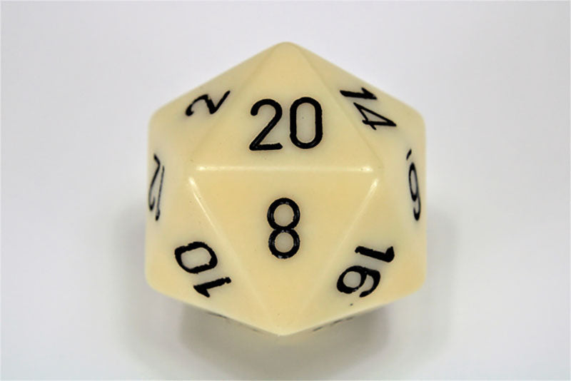 Ivory d20 gaming die with white numbers, 8 facing up