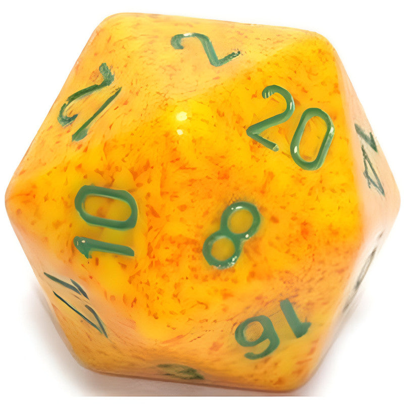 Vibrant yellow and orange d20 die with bright green numbers