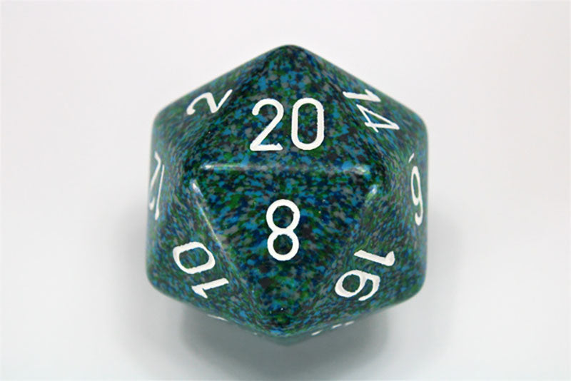 A speckled green and blue d20 die with red numbers, showing 20 visible at the top