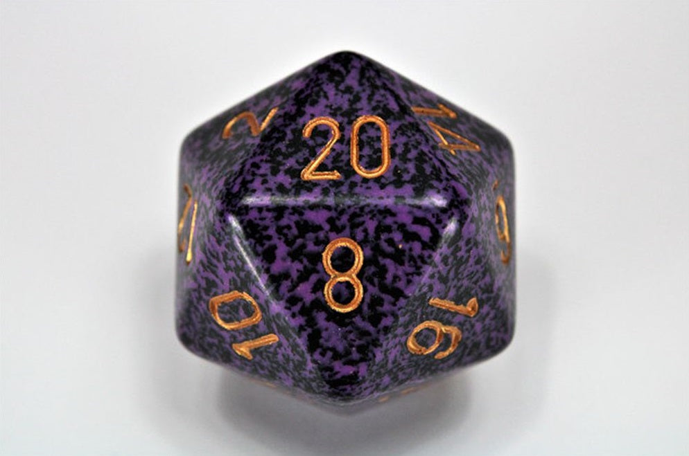 Purple and black d20 die with red numbers, showing 20 visible at the top