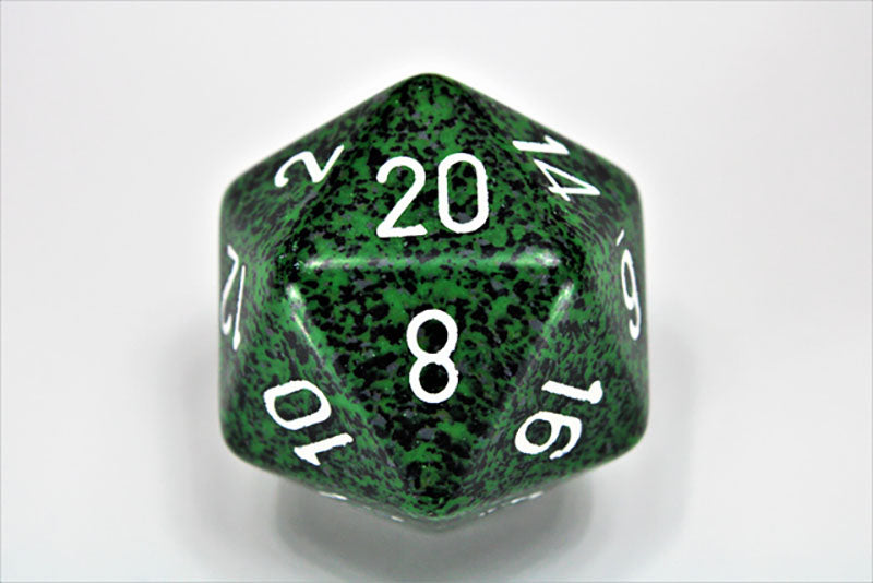 Green and black d20 die with red numbers, showing 20 visible at the top
